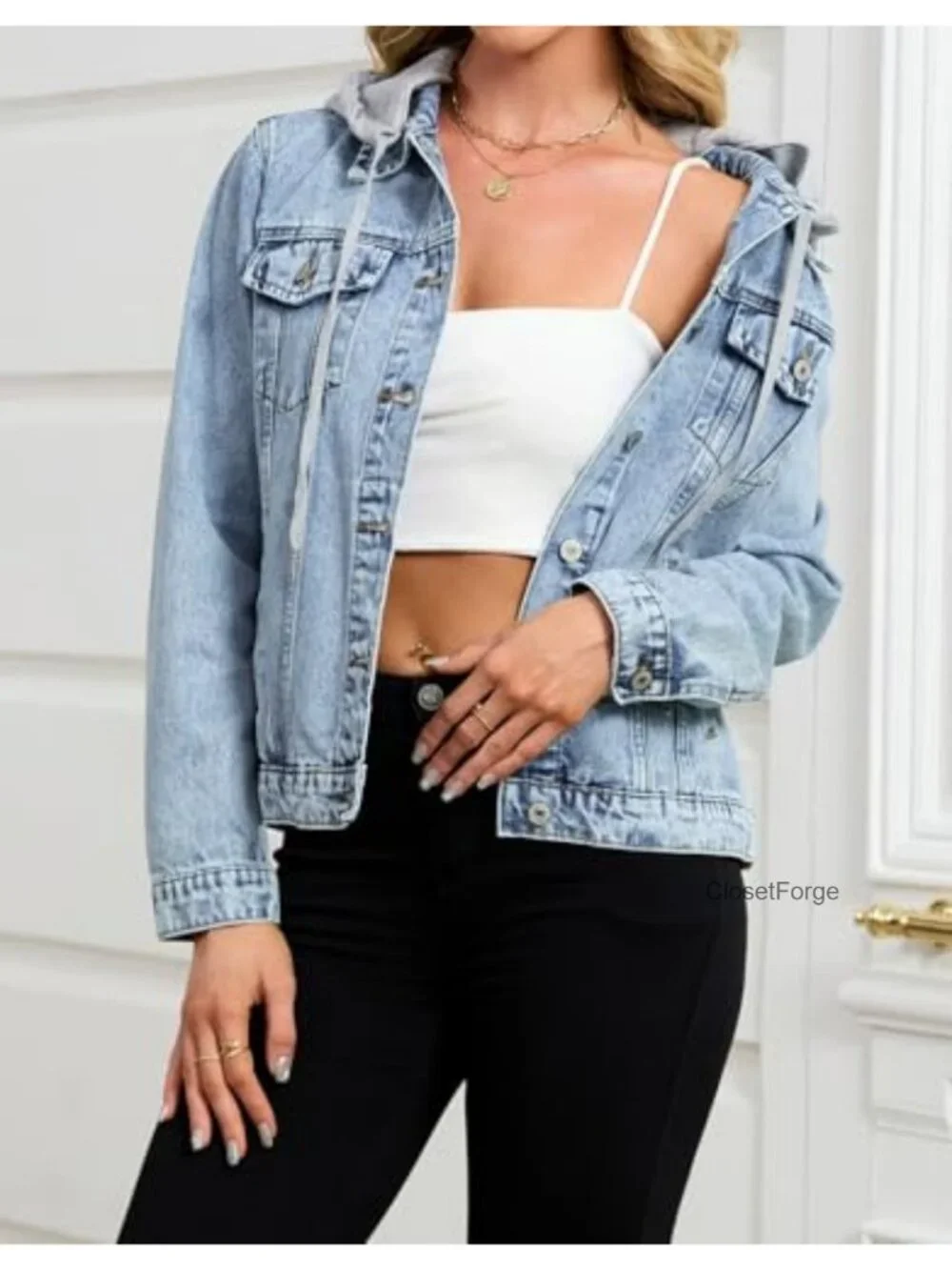 Women's Denim Jacket with Detachable Hood, Long Sleeve, Casual